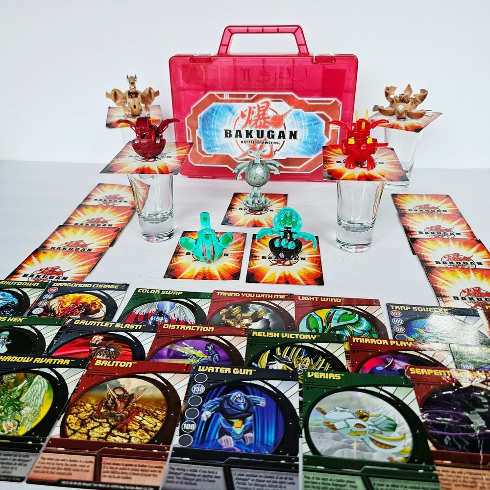 Vintage Bakugan Battle Brawlers Lot 7 Figures Cards Red Carrying Case Collection